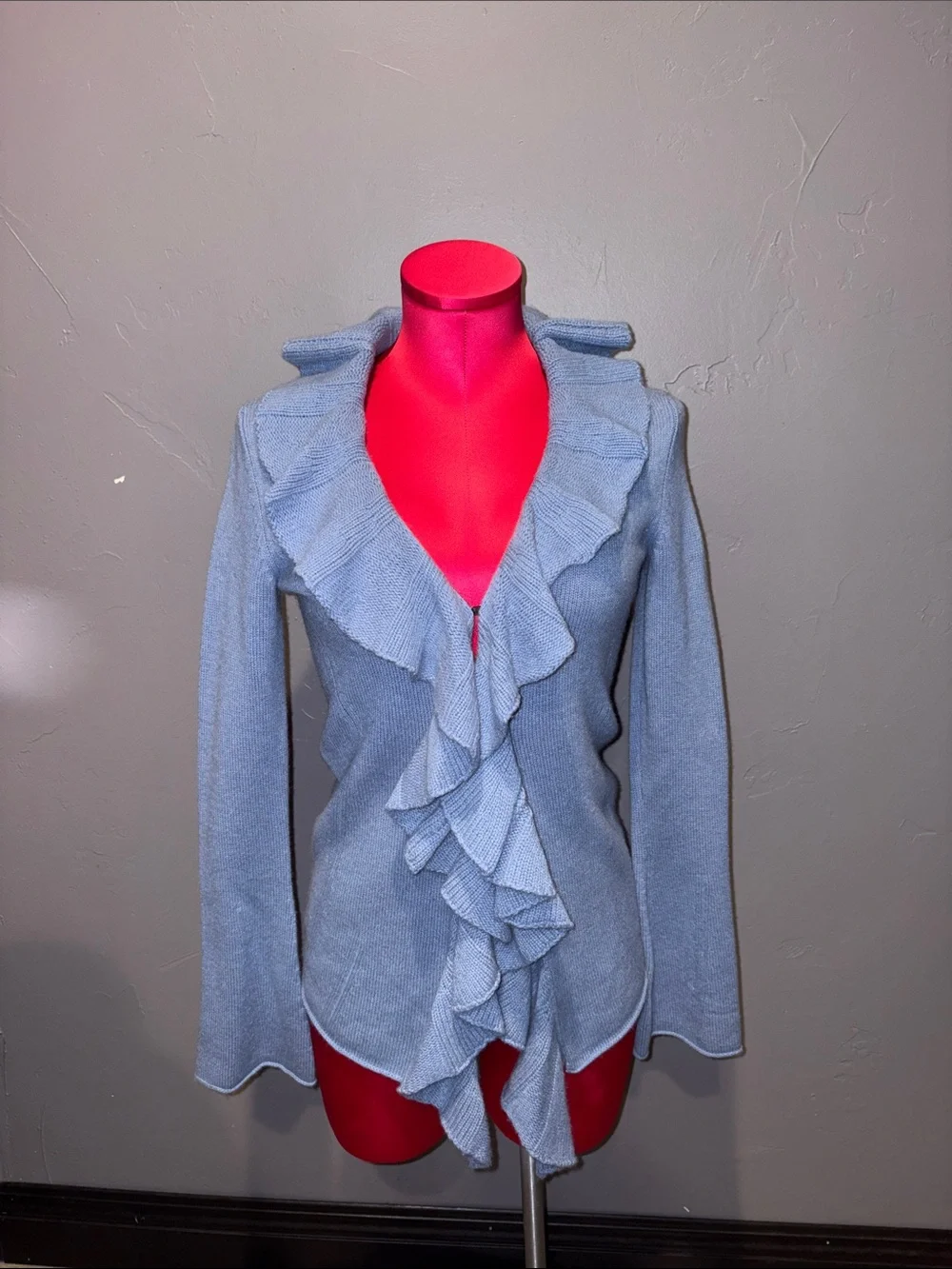 Magaschoni cashmere knit ruffle sweater in beautiful blue!